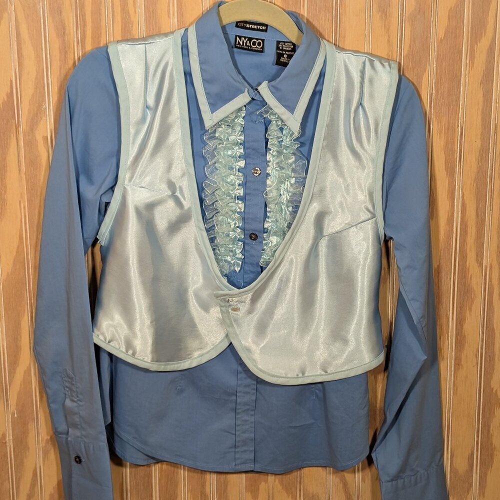 Handmade Women's Blue Ruffle Shirt with Vest - Dumb & Dumber Blue Tux Costume